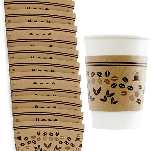 Versatile Recyclable Coffee Cup Sleeves 10-24oz 100pk. Eco-Friendly Disposable Cardboard Sleeve Insulated for Hot Drinks. Fits 10 12 16 20 24 Ounce Togo Paper Cups Perfect for Cafes Shops Offices.