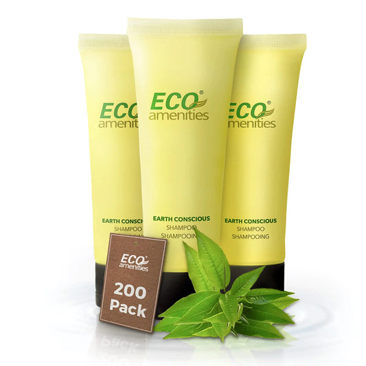 ECO amenities Travel Size Shampoo Bulk - 200 PACK 30mL 1 oz Hotel Shampoo Supplies for Guests - Green Tea Scent Eco Shampoo Mini Shampoo with Flip Cap and Biodegradable Clear Container