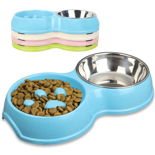 Axiom Creations Eco-Conscious Dog & Cat Bowl Set - 7x12 Size for Small to Medium Pets - Natural Wheat Straw Fiber Slow Feeder and Stainless Steel Water Bowl - Anti Choking - Pet Safe Material (Blue)