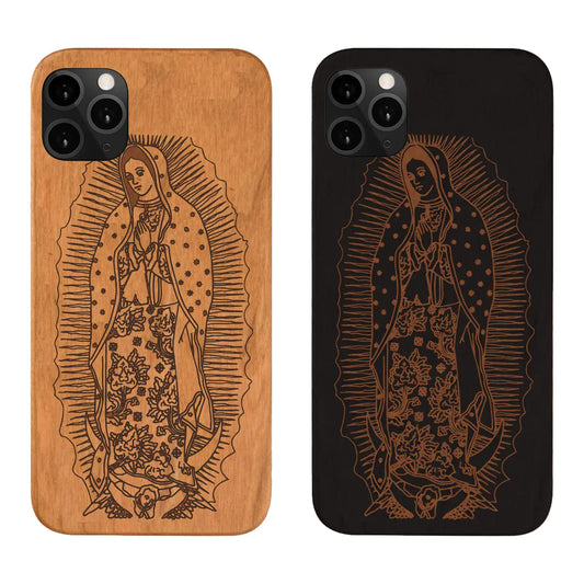 iPhone 14 Plus Compatible with Magsafe Wood Phone Case – Virgin Mary Our Lady of Guadalupe – Our Lady of Lourdes Eco-Friendly Lightweight Protective Cover Gift for Him & Her (Brown)