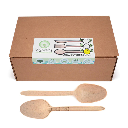 50 Pcs 6.69" Unwrapped Biodegradable Plant-based Agave Fiber Spoons | Durable Wide-bowl Good for Hot and Cold Foods | Eco-friendly Reusable Recyclable | Non-toxic BPA-free Plastic-free Utensils