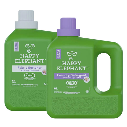 Happy Elephant Liquid Laundry Bundle - Laundry Detergent & Fabric Softener Ultra Concentrated Eco Friendly Stain Remover Fresh Linen High Efficient 64 loads - White Tea and Fig (2 x 64 fl oz)