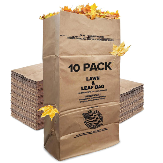 30 Gallon Kraft Lawn and Leaf Bags (10 Pack) Eco-Friendly Heavy Duty Large Paper Trash Bags Made in the USA Tear Resistant Yard Waste Bags for Grass Clippings Wet and Dry Leaves Weeds Twigs