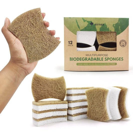 AIRNEX Biodegradable Natural Dish Sponges Kitchen Pack of 12 - Coconut and Cellulose Sponges for Dishes and Surfaces - Eco Friendly Non-Scratch Heavy Duty Dish Scrubber Sponges Bulk for Household