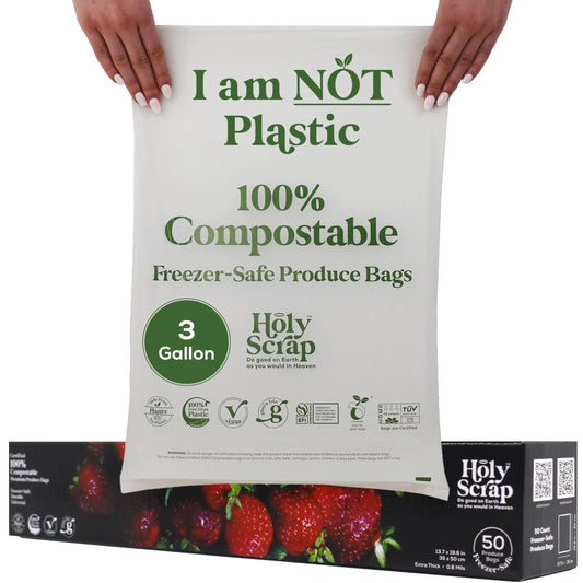 HOLY SCRAP! 100% Compostable Produce Freezer Bags 3 Gallon Size - 50 Pack - Freezer Safe Bag for Food Storage Eco Friendly Plant Based Recyling Kitchen Storage Bags - BPI Certified OK Compost Home