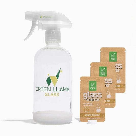 Green Llama Eco-Friendly Glass and mirror Cleaning Spray | 16oz Glass Bottle 3 Refill Tablets Listea Cubeba Scent - Natural Sustainable Safe for Home Surfaces | Ideal for Eco-Shoppers