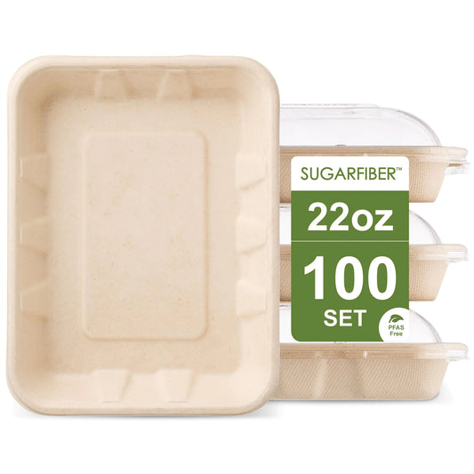 [100 COUNT]Harvest Pack 22 oz PFAS FREE Disposable Food Trays with Dome Lids Compostable Disposable Food Container Bagasse Serving Trays Rectangle Made from Sugarcane Eco-Friendly Plant Fibers