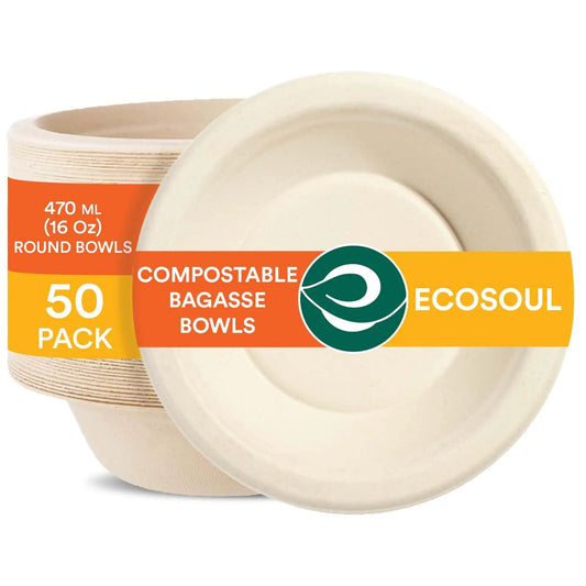 ECO SOUL 100% Compostable 16 Oz Soup Bowls [50-Pack] Disposable dessert bowls I Heavy duty paper bowl I Eco-friendly salad bowl I Biodegradable large Bowls