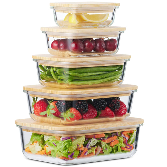 Glass Food Storage Containers with Bamboo Lids Eco-Friendly set of 5 Airtight Pantry Organization Meal Prep Glass Containers. Plastic Free. BPA Free. Microwave Oven Dishwasher and Freezer Safe