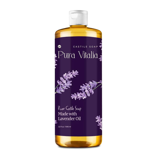 Pura Vitalia Lavender Pure Castile Soap Liquid with Olive Oil & Essential Oils; for Face Wash Hand Body Laundry and Beyond Eco-friendly & fully Biodegradable Organic Castile Soap 32 fl oz.