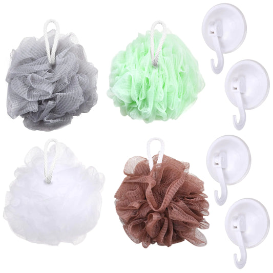 Eco-Fused Shower Bath Sponges and Suction Cups Wall Hooks Set - Includes 4X Loofah Shower Mesh Ball for Men and Women - Exfoliating Sponge - 4X Reusable Suction Cup Mounts for Flat Smooth Surfaces