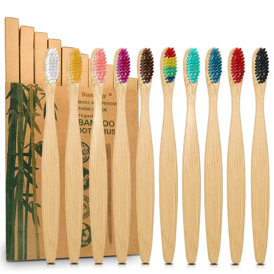 Sumshy 10 Color Soft Bristles Natural Bamboo Toothbrushes Set Premium BPA Free for Best Clean Eco-Friendly Plastic-Free Vegan Biodegradable & Compostable Charcoal Wooden