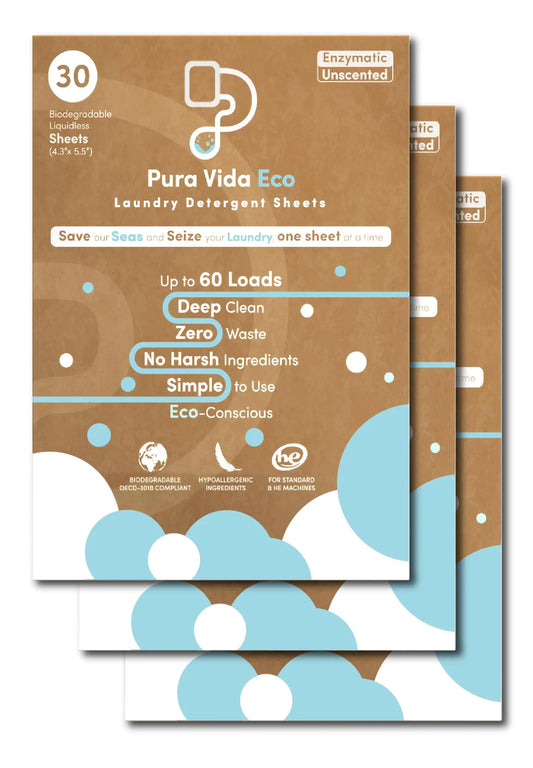 Pura Vida Eco Laundry Detergent Sheets - 90 Sheets (up to 180 Loads) - Unscented - Ideal for Travel Baby Clothes - Compact Liquidless Hypoallergenic Eco-Friendly Plastic-Free Solution