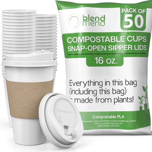 [16oz 50 pack] Compostable Hot Coffee Cups with Lids – Eco plant based hot cups with snap-open sipper lids- Green Eco Friendly Alternative to Hot Cups with