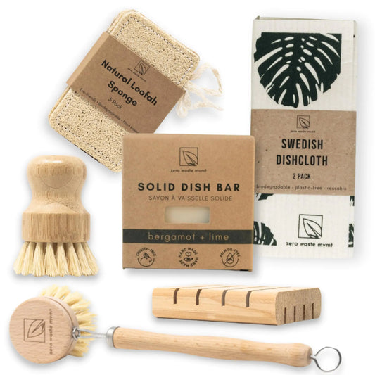 Zero Waste MVMT Ultimate Dish Washing Bundle | Eco-Friendly Gift | Solid Dish Soap Bar Cedar Soap Tray Wood Dish Brush Bamboo Pot Brush Swedish Dishcloths & Loofah Sponge | 9 pc. Set