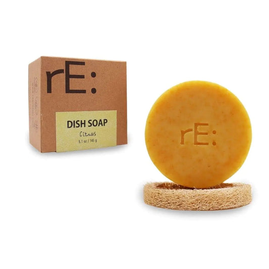 RE: Eco-Friendly Dish Washing Soap Bar with Loofah Holder - Palm Oil Free Zero Waste Plastic Free Free of Artificial Dyes and Fragrance and Citrus Scented (1 Pk Citrus)