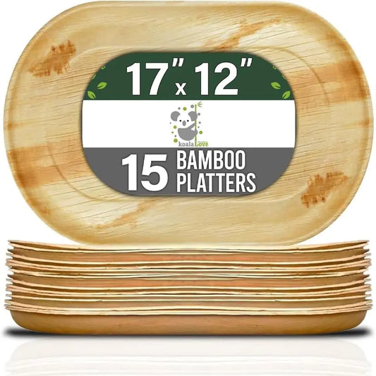 Disposable Palm Leaf Bamboo Tray and Oval Platter Disposable Charcuterie Boards Plates and Party Platters Trays Eco Compostable Wooden Food Platters Palm Leaf Dinner Catering Trays (17x12 (15 pcs))