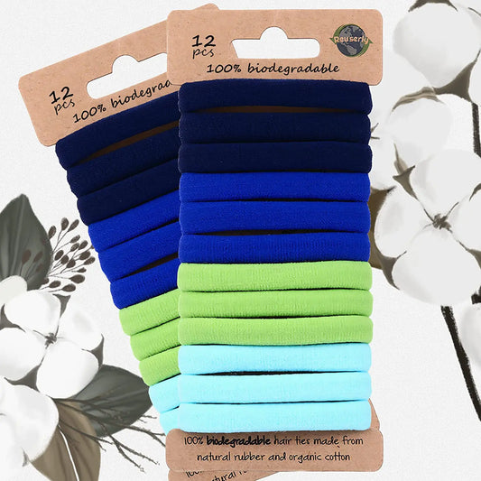 Biodegradable Eco Friendly Elastic Thick 8mm Large Hair Ties for Women & Men - Organic No Crease - Cotton Natural Rubber Ponytail Holders - Hair Ties for Buns - Plastic Free Hairbands (24 pcs Cool Blues)