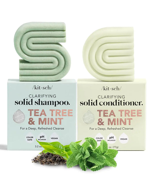 Kitsch Tea Tree & Mint Shampoo and Conditioner Bar Set Hair Color Safe Zero Waste Vegan Eco Friendly Made in US For All Hair Types Paraben Free Sulfate Free