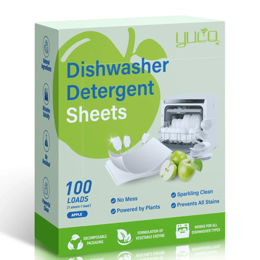 YUCO Dishwasher Detergent Sheets 100 Load AppleFlavor Liquid-Free Dish Soap Cleaner Strips Eco-Friendly No Plastic Dishwasher Pods Detergent Use in Dishwasher or Sink Leaving Dishes Sparkling Clean