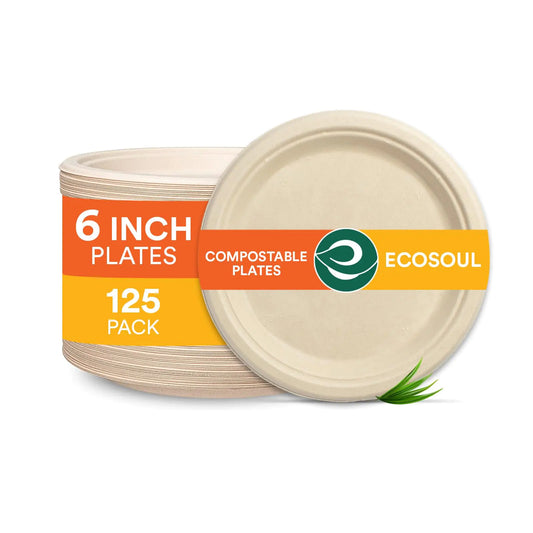 ECO SOUL 100% Compostable 6 Inch Small Paper Plates (125-Pack) Disposable Party Heavy Duty Eco-Friendly Appetizer Dessert Wedding Plates I Biodegradable Unbleached Sugarcane Eco Plates