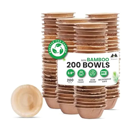 MAGNUS EKO 2.5-Inch Round Mini Dip Bowls (200 Pcs) 1oz Disposable Party Bowls Compostable Palm Leaf Bowls Eco-Friendly Like Bamboo for Dips Soy Sauce BBQ Oil Dipping Finger Foods