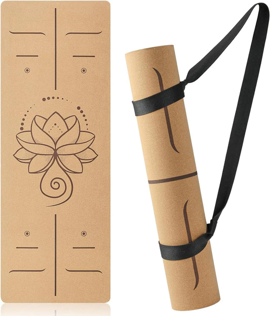 Natural Cork Yoga Mat with Lotus Emblem - Eco-Friendly Mat for Hot Yoga and Pilates. Features Superior Cushioning Grip and 71′′x26′′ Size for Optimal Comfort Safety and Stability During Exercise