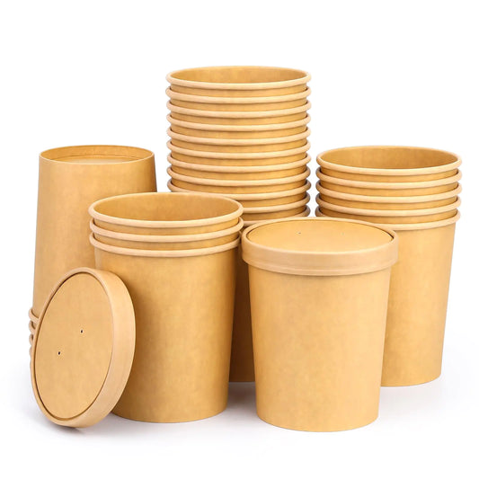 Giwrmu 32 Oz Compostable Paper Soup Cups 25 Pack Kraft Heavy Duty Cups Disposable Paper Soup Containers with Vented Lids Microwave Safe Party Cups Eco Friendly Alternative to Plastic Containers