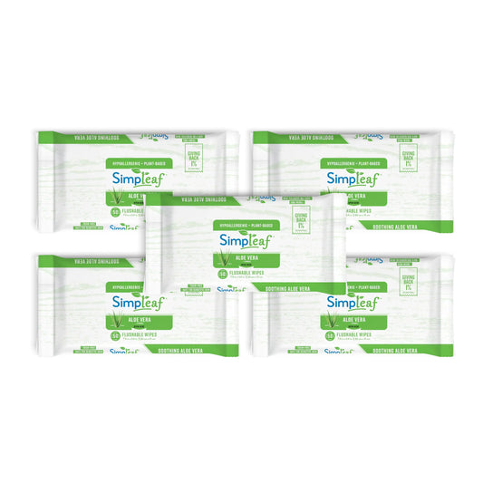 Simpleaf Flushable Wet Wipes Aloe Vera| Eco-Friendly Paraben & Alcohol Free | Hypoallergenic & Safe for Sensitive Skin | Soothing Aloe Vera Formula | (5 x 50 Counts Convenient Pack) 250 Counts Total