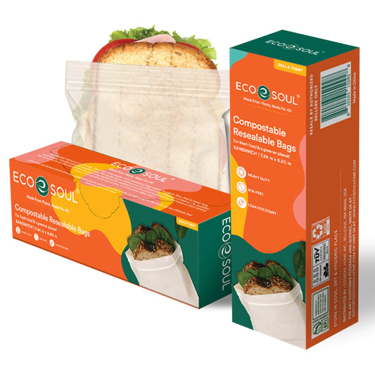 ECO SOUL 100% Compostable Sandwich Bags [100 Counts][7.25"x6"] Resealable Bags for Food Freezer Bags Eco-friendly Zip Bags Reusable Biodegradable Bags