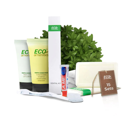 ECO Amenities 4-Piece All-in-Kit Travel Size Toiletries 60pcs (15 Toiletry Kits) Hotel Soap Body Lotion Mini Size Shampoo and Conditioner 2 in 1 and Disposable Travel Toothbrush Set with Toothpaste