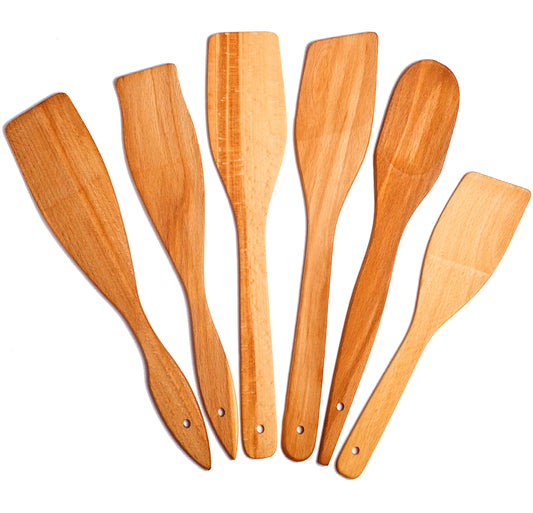 ECOSALL 6 Wooden Spoons for Cooking – Made in Ukraine 100% Natural Healthy Nonstick Wooden Spatula Spoons - Premium Solid Wood Cooking Utensils Set - Strong Durable Eco Hardwood Beechwood Spoons Set